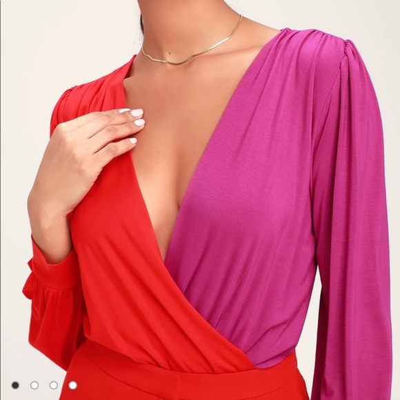 Lulus Tops - Two-Toned Long Sleeve Surplice Bodysuit